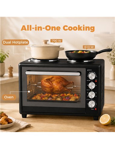 HOMCOM 46L Mini Oven with Dual Hot Plates, Electric Countertop Cooker with Convection, 90–230°C Adjustable Temperature