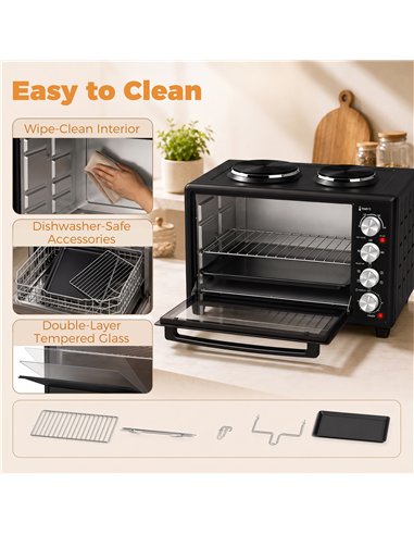 HOMCOM 46L Mini Oven with Dual Hot Plates, Electric Countertop Cooker with Convection, 90–230°C Adjustable Temperature