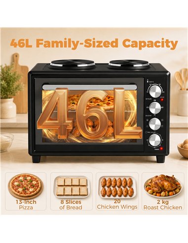 HOMCOM 46L Mini Oven with Dual Hot Plates, Electric Countertop Cooker with Convection, 90–230°C Adjustable Temperature