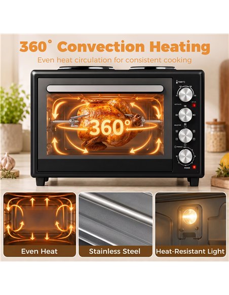 HOMCOM 46L Mini Oven with Dual Hot Plates, Electric Countertop Cooker with Convection, 90–230°C Adjustable Temperature - pic 207042 | FastDaddyshop