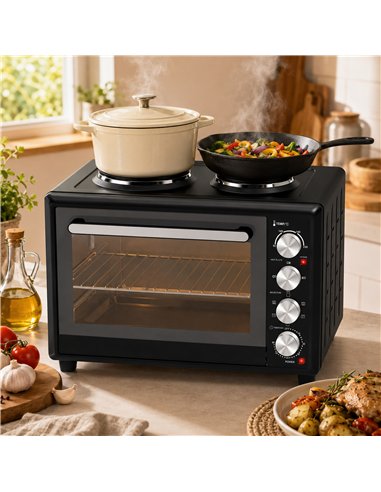 HOMCOM 46L Mini Oven with Dual Hot Plates, Electric Countertop Cooker with Convection, 90–230°C Adjustable Temperature