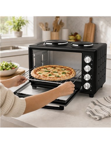 HOMCOM 46L Mini Oven with Dual Hot Plates, Electric Countertop Cooker with Convection, 90–230°C Adjustable Temperature