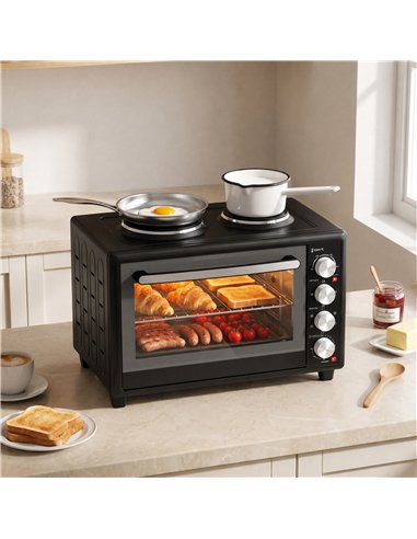 HOMCOM 36L Mini Oven with Dual Hot Plates, Electric Countertop Cooker with Convection, 90–230°C Adjustable Temperature