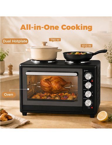 HOMCOM 36L Mini Oven with Dual Hot Plates, Electric Countertop Cooker with Convection, 90–230°C Adjustable Temperature
