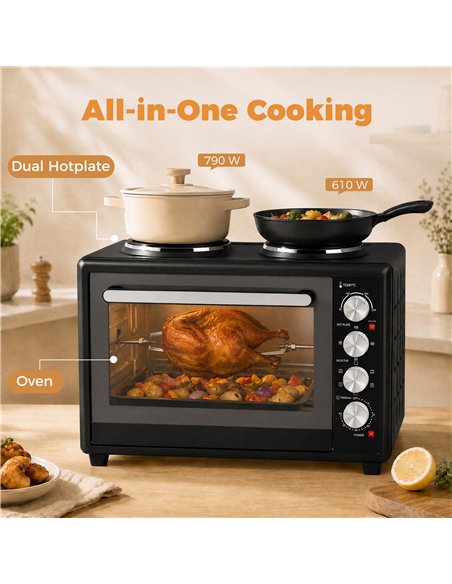 HOMCOM 36L Mini Oven with Dual Hot Plates, Electric Countertop Cooker with Convection, 90–230°C Adjustable Temperature - pic 207048 | FastDaddyshop