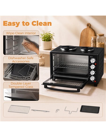 HOMCOM 36L Mini Oven with Dual Hot Plates, Electric Countertop Cooker with Convection, 90–230°C Adjustable Temperature - pic 207049 | FastDaddyshop