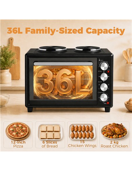 HOMCOM 36L Mini Oven with Dual Hot Plates, Electric Countertop Cooker with Convection, 90–230°C Adjustable Temperature - pic 207050 | FastDaddyshop