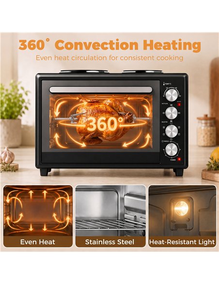 HOMCOM 36L Mini Oven with Dual Hot Plates, Electric Countertop Cooker with Convection, 90–230°C Adjustable Temperature - pic 207051 | FastDaddyshop