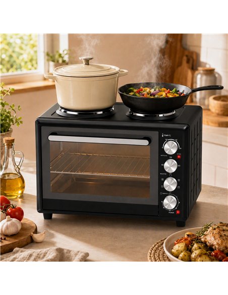HOMCOM 36L Mini Oven with Dual Hot Plates, Electric Countertop Cooker with Convection, 90–230°C Adjustable Temperature - pic 207052 | FastDaddyshop