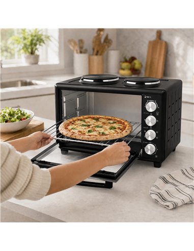 HOMCOM 36L Mini Oven with Dual Hot Plates, Electric Countertop Cooker with Convection, 90–230°C Adjustable Temperature