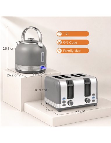 HOMCOM Stainless Steel Kettle and Toaster Set, 1.7L 3000W Cordless Fast Boil Kettle, 4 Slice Toaster Kitchen Set, Grey