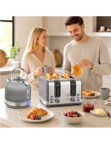 HOMCOM Stainless Steel Kettle and Toaster Set, 1.7L 3000W Cordless Fast Boil Kettle, 4 Slice Toaster Kitchen Set, Grey