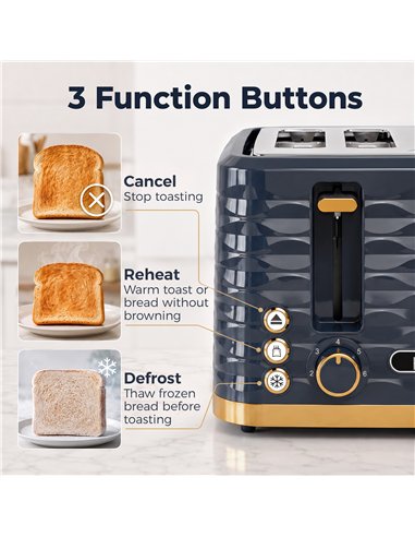 HOMCOM Toaster, Toaster 4 Slice with 7 Browning Levels, High Lift, Reheat/Defrost/Cancel, Dark Blue