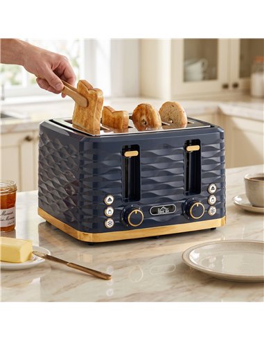HOMCOM Toaster, Toaster 4 Slice with 7 Browning Levels, High Lift, Reheat/Defrost/Cancel, Dark Blue