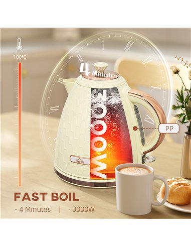 HOMCOM Electric Kettle, 1.7L, Fast Boil, 3000W Cordless Water Kettle with Removable Washable Anti-scale Filter, Beige