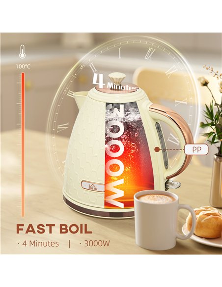 HOMCOM Electric Kettle, 1.7L, Fast Boil, 3000W Cordless Water Kettle with Removable Washable Anti-scale Filter, Beige - pic 207075 | FastDaddyshop