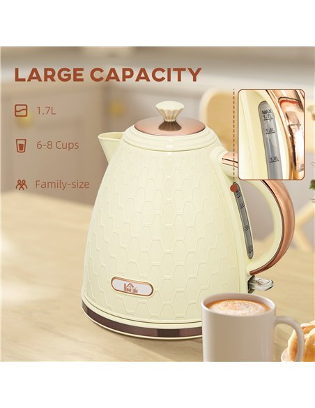 HOMCOM Electric Kettle, 1.7L, Fast Boil, 3000W Cordless Water Kettle with Removable Washable Anti-scale Filter, Beige - pic 207076 | FastDaddyshop