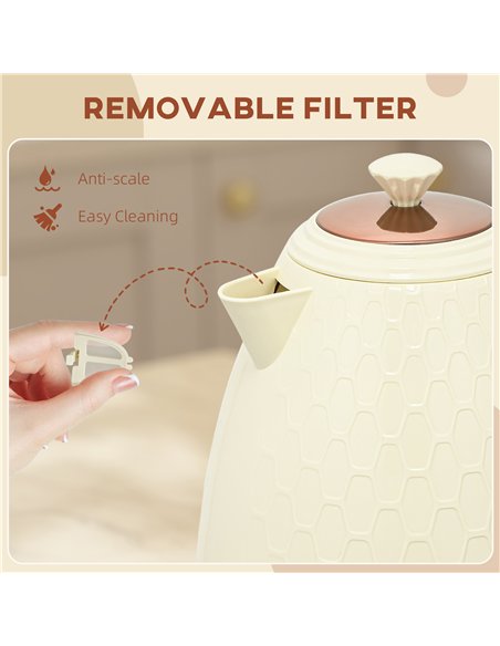 HOMCOM Electric Kettle, 1.7L, Fast Boil, 3000W Cordless Water Kettle with Removable Washable Anti-scale Filter, Beige - pic 207078 | FastDaddyshop