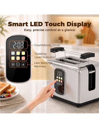 HOMCOM 2 Slice Smart Toaster with Touch Screen & LED Countdown, Toaster with Warming Rack, 6 Browning Levels, Memory Function