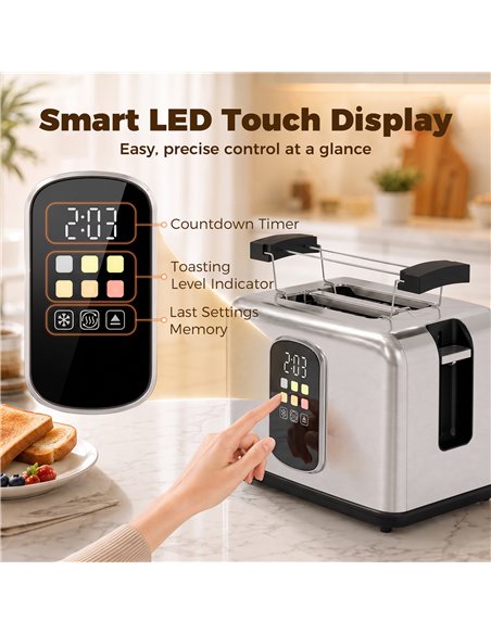 HOMCOM 2 Slice Smart Toaster with Touch Screen & LED Countdown, Toaster with Warming Rack, 6 Browning Levels, Memory Function - pic 207084 | FastDaddyshop