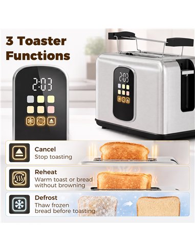HOMCOM 2 Slice Smart Toaster with Touch Screen & LED Countdown, Toaster with Warming Rack, 6 Browning Levels, Memory Function