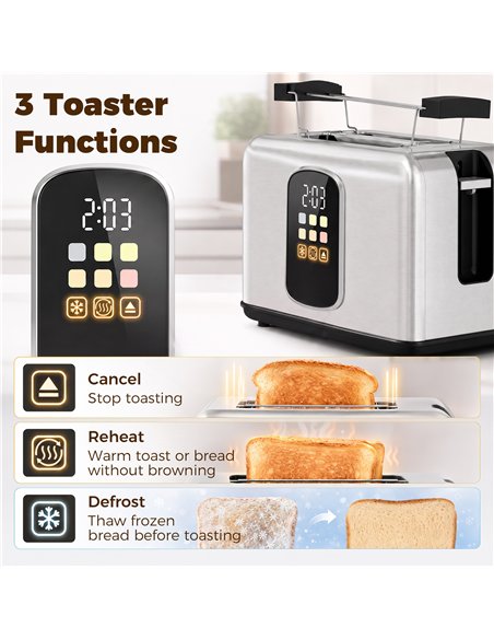 HOMCOM 2 Slice Smart Toaster with Touch Screen & LED Countdown, Toaster with Warming Rack, 6 Browning Levels, Memory Function - pic 207087 | FastDaddyshop