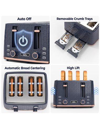 HOMCOM Toaster 4 slice, Toaster with 7 Browning Levels, High Lift, Reheat/Defrost/Cancel, Self-centring Function, Dark Blue