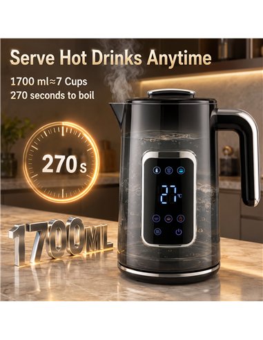 HOMCOM Electric Kettle, 1.7L Fast Boil 3000W Water Kettle with LED Display, Adjustable Temperature, Keep Warm Function, Black