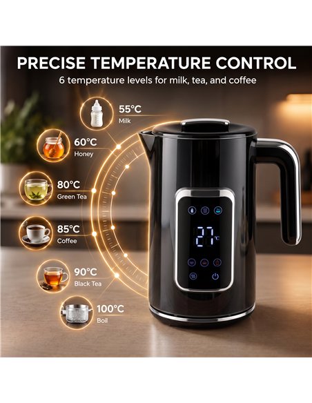 HOMCOM Electric Kettle, 1.7L Fast Boil 3000W Water Kettle with LED Display, Adjustable Temperature, Keep Warm Function, Black - pic 207113 | FastDaddyshop