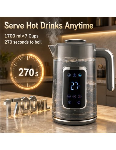 HOMCOM Electric Kettle, 1.7L Fast Boil 3000W Water Kettle with LED Display, Adjustable Temperature, Keep Warm Function, Grey