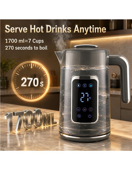 HOMCOM Electric Kettle, 1.7L Fast Boil 3000W Water Kettle with LED Display, Adjustable Temperature, Keep Warm Function, Grey - pic 207120 | FastDaddyshop