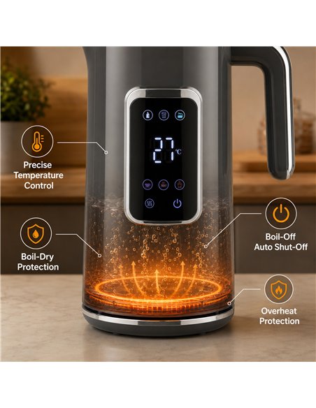 HOMCOM Electric Kettle, 1.7L Fast Boil 3000W Water Kettle with LED Display, Adjustable Temperature, Keep Warm Function, Grey - pic 207121 | FastDaddyshop