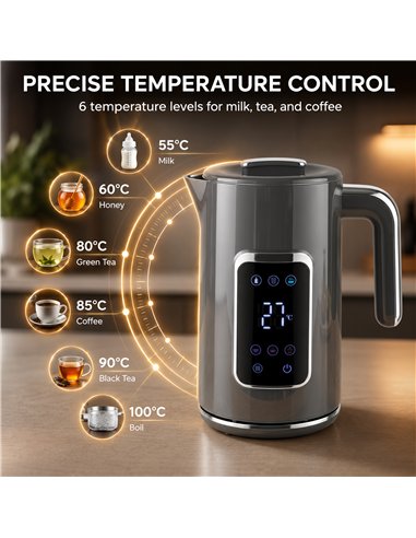 HOMCOM Electric Kettle, 1.7L Fast Boil 3000W Water Kettle with LED Display, Adjustable Temperature, Keep Warm Function, Grey