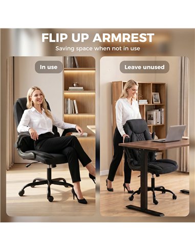 HOMCOM Linen-Look Computer Desk Chair, Executive Office Chair with Flip-Up Armrests and Thick Cushion, Black