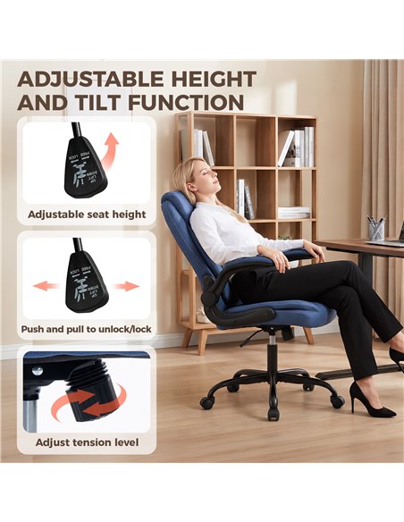 HOMCOM Linen-Look Computer Desk Chair, Executive Office Chair with Flip-Up Armrests and Thick Cushion, Blue - pic 207185 | FastDaddyshop