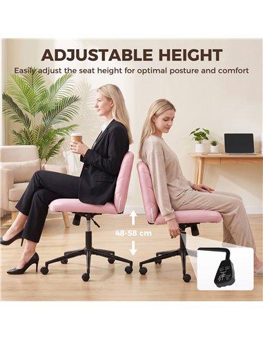 HOMCOM Home Office Desk Chair Height Adjustable Swivel Chair Cross Legged Wide Seat Swivel Wheels Pink
