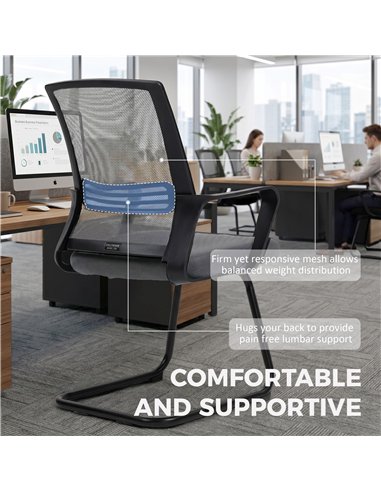HOMCOM Padded Meeting Office Chair, Ergonomic Desk Chair No Wheels with Sled Base for Bedroom, Waiting, Reception, Dark Grey