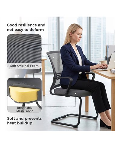 HOMCOM Padded Meeting Office Chair, Ergonomic Desk Chair No Wheels with Sled Base for Bedroom, Waiting, Reception, Dark Grey
