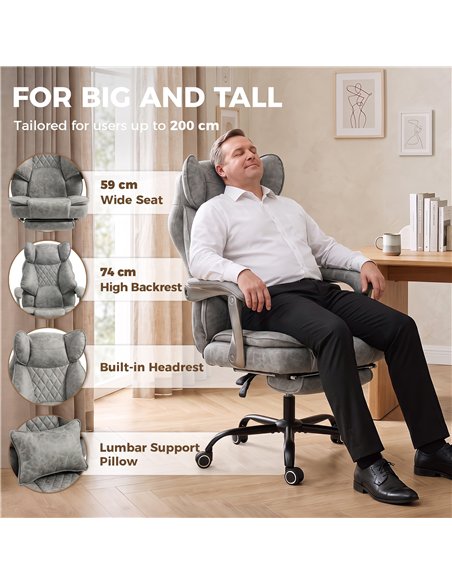 HOMCOM Executive Office Chair, Leathaire Big and Tall Office Chair 180 kg with Wide Seat, Reclining, Lumbar Support, Grey - pic 207273 | FastDaddyshop