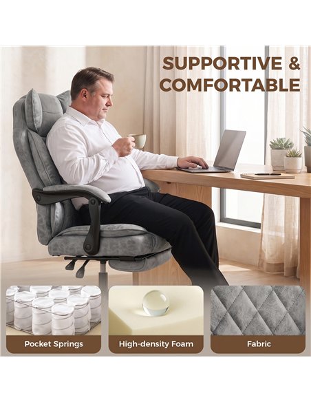 HOMCOM Executive Office Chair, Leathaire Big and Tall Office Chair 180 kg with Wide Seat, Reclining, Lumbar Support, Grey - pic 207274 | FastDaddyshop