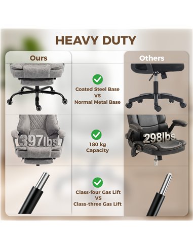 HOMCOM Executive Office Chair, Leathaire Big and Tall Office Chair 180 kg with Wide Seat, Reclining, Lumbar Support, Grey