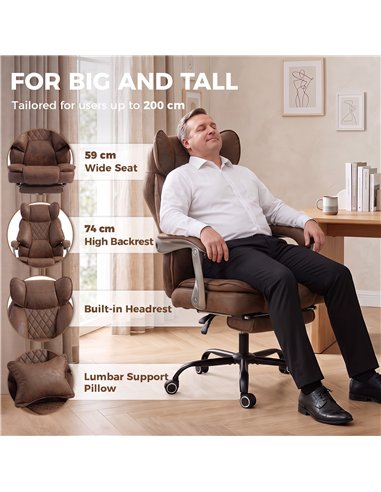 HOMCOM Executive Office Chair, Leathaire Big and Tall Office Chair 180 kg with Wide Seat, Reclining, Lumbar Support, Brown