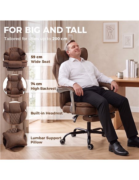 HOMCOM Executive Office Chair, Leathaire Big and Tall Office Chair 180 kg with Wide Seat, Reclining, Lumbar Support, Brown - pic 207291 | FastDaddyshop