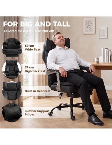 HOMCOM Executive Office Chair, Leathaire Big and Tall Office Chair 180 kg with Wide Seat, Reclining, Lumbar Support, Black