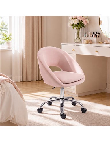 HOMCOM Velvet Desk Chair, Modern Office Chair with Height-Adjustable, Wheels, for Home Study Bedroom, Pink