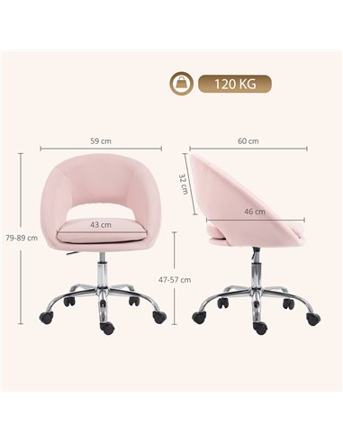 HOMCOM Velvet Desk Chair, Modern Office Chair with Height-Adjustable, Wheels, for Home Study Bedroom, Pink