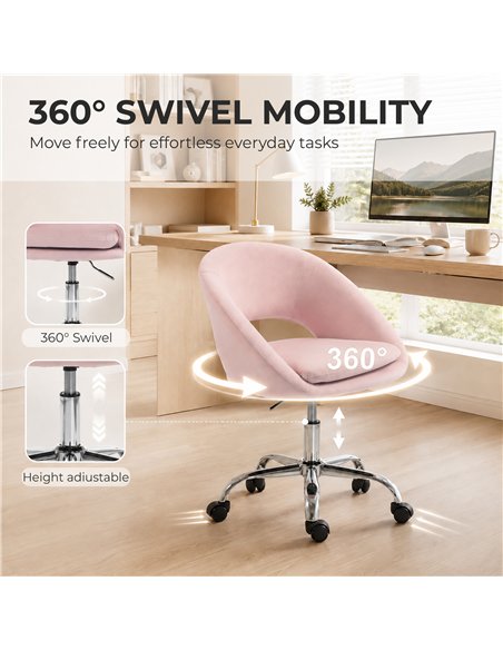 HOMCOM Velvet Desk Chair, Modern Office Chair with Height-Adjustable, Wheels, for Home Study Bedroom, Pink - pic 207345 | FastDaddyshop