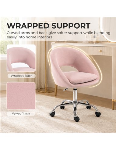 HOMCOM Velvet Desk Chair, Modern Office Chair with Height-Adjustable, Wheels, for Home Study Bedroom, Pink