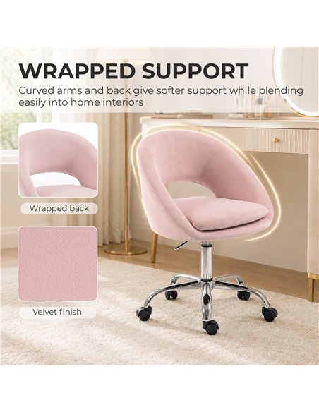HOMCOM Velvet Desk Chair, Modern Office Chair with Height-Adjustable, Wheels, for Home Study Bedroom, Pink - pic 207346 | FastDaddyshop