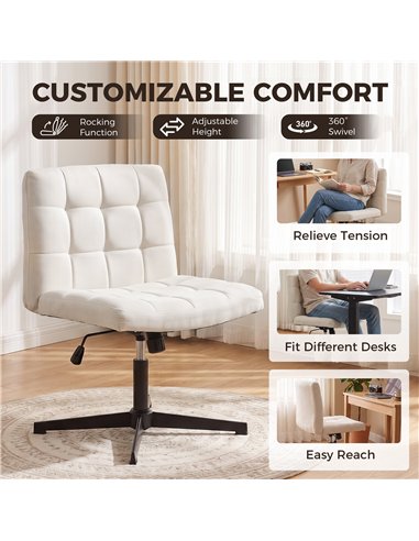 HOMCOM Armless Office Chair, Cross Legged Linen Computer Desk Vanity Chair with Wide Seat, Rocking Function, Beige